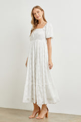 White Floral Chiffon Smocked Square Neck Maxi Dress