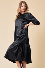 Black 3/4 Sleeve Tiered Midi Dress