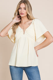 Light Yellow Split Neck Crinkled Blouse With Smocked Back