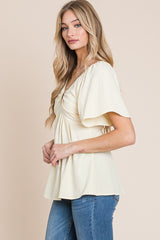 Light Yellow Split Neck Crinkled Blouse With Smocked Back