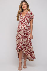 Burgundy Floral High-Low Maternity Wrap Dress