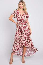 Burgundy Floral High-Low Wrap Dress