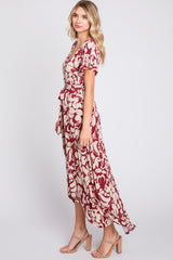 Burgundy Floral High-Low Wrap Dress