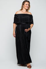 Black Plisse Off Shoulder Maternity Plus Maxi Dress