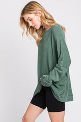 Green Waffle Knit Long Sleeve Top