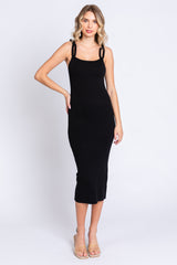 Black Ribbed Chain Link Strap Maternity Midi Dress