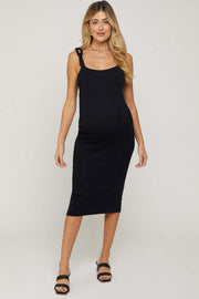 Black Ribbed Chain Link Strap Maternity Midi Dress