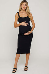 Black Ribbed Chain Link Strap Maternity Midi Dress