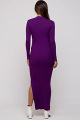 Purple Rib Knit Collared Maternity Maxi Dress