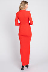 Red Orange Rib Knit Collared Maxi Dress