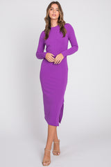 Purple Ribbed Mock Neck Long Sleeve Midi Dress