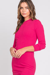 Fuchsia Ribbed Mock Neck Long Sleeve Midi Dress