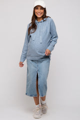 Blue Drawstring Hooded Maternity Sweater