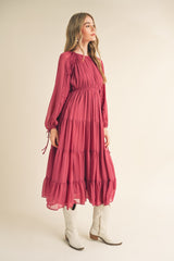 Magenta Tiered Ruffle Sleeve Midi Dress