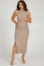 Mocha Checkered Mock Neck Maternity Maxi Dress