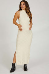 Cream Checkered Mock Neck Maternity Maxi Dress