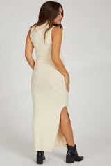 Cream Checkered Mock Neck Maternity Maxi Dress