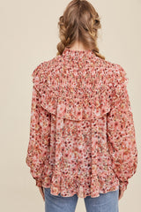 Rose Floral Print Smocked Mock Neck Ruffle Blouse Top