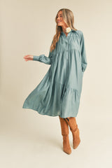 Dusty Sage Blue Button Down Tiered Midi Dress