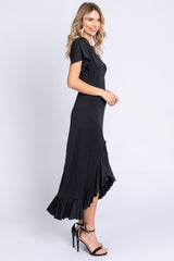 Black V-Neck Ruffle Hi-Low Midi Dress