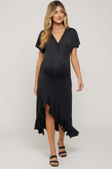 Black V-Neck Ruffle Hi-Low Maternity Midi Dress