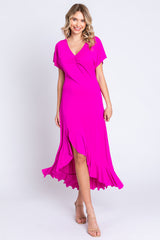 Fuchsia V-Neck Ruffle Hi-Low Midi Dress