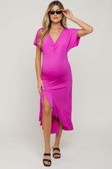 Fuchsia V-Neck Ruffle Hi-Low Maternity Midi Dress