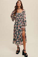 Hunter Green Floral Print Smocked Square Neck Maxi Dress