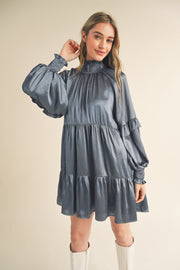 Dusty Denim Blue Mock Neck Tiered Mini Dress