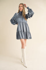 Dusty Denim Blue Mock Neck Tiered Mini Dress