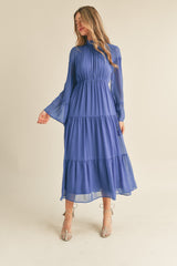 Blue Mock Neck Tiered Midi Dress