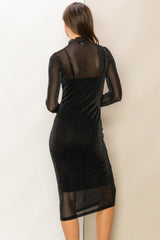 Black Shimmer Mesh Long Sleeve Dress