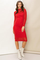 Red Shimmer Mesh Long Sleeve Dress