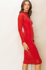 Red Shimmer Mesh Long Sleeve Dress