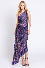 Purple Swirl Pleated One Shoulder Maxi Dress