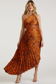 Rust Pleated Print One Shoulder Maternity Maxi Dress