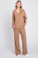 Mocha Ribbed Soft Knit Long Sleeve Maternity Pajama Set