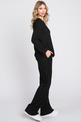 Black Ribbed Soft Knit Long Sleeve Pajama Set