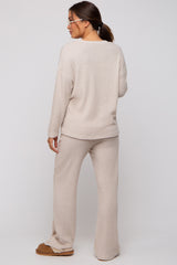 Beige Ribbed Soft Knit Long Sleeve Maternity Pajama Set