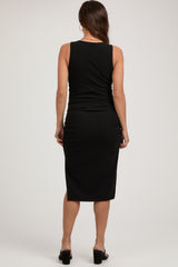 Black Ruched V-Neck Maternity Fitted Dress