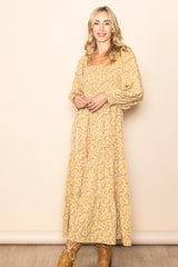 Yellow Floral Smocked Long Sleeve Maxi Dress