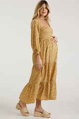 Yellow Floral Smocked Long Sleeve Maternity Maxi Dress