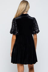 Black Velvet Tiered Sequin Short Sleeve Maternity Dress