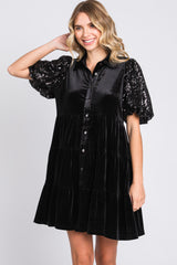 Black Velvet Tiered Sequin Short Sleeve Maternity Dress