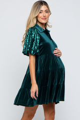 Forest Green Velvet Tiered Sequin Short Sleeve Maternity Dress