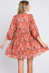 Orange Floral 3/4 Sleeve Dress