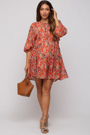 Orange Floral 3/4 Sleeve Maternity Dress