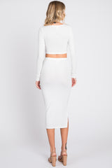 White Ribbed Crop Top Midi Skirt Set