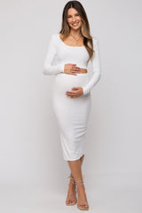 White Ribbed Maternity Crop Top Midi Skirt Set