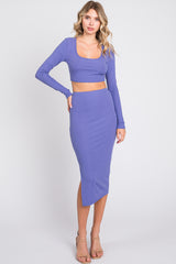 Violet Ribbed Crop Top Midi Skirt Set